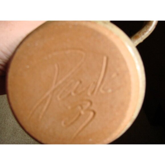 Two Vintage Stoneware Mugs Cups Blue Brown Wide Mouth Reverse Handle Artist Sign - Picture 11 of 14